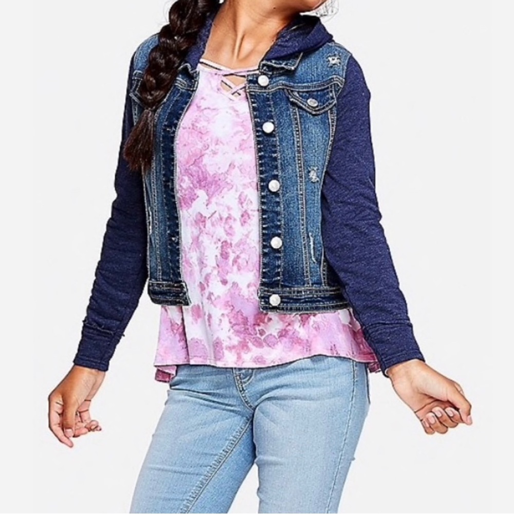 JUSTICE GIRLS HOODED DENIM JACKET Sz 6/7 Jean Jacket Button Down
